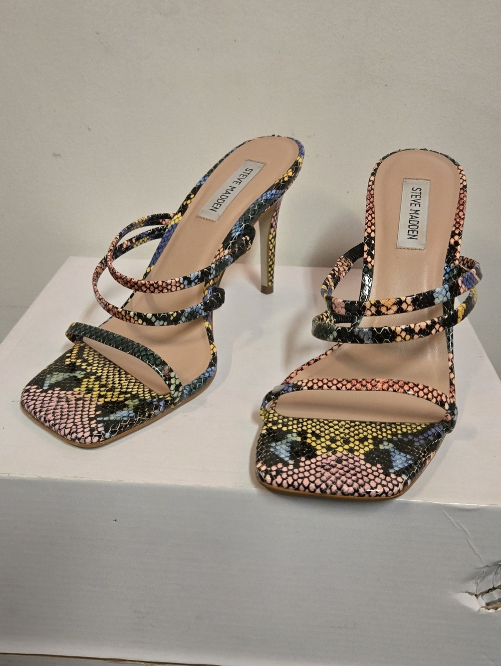 Steve Madden Multicolor Snake-Print Strappy Heels — Pink, Yellow, Blue